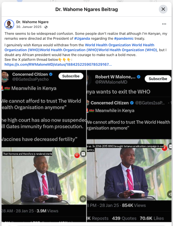 Screenshot Facebook-Beitrag Wahome Ngare klärt über Falschbehauptung zu WHO Austritt Kenia auf