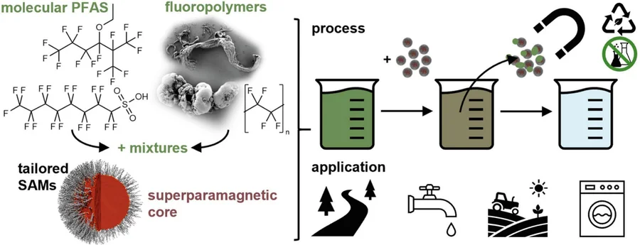 Grafische Darstellung der PFAS-Entfernung mit Hilfe von Eisenoxid-Nanopartikeln